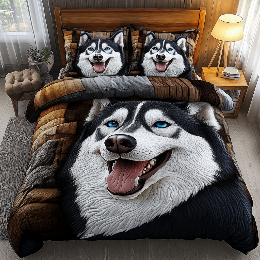Husky Journey Quilted Bedding Set Duvet Cover Bed Sheet Set Siberian Husky Gifts For Dog Lovers