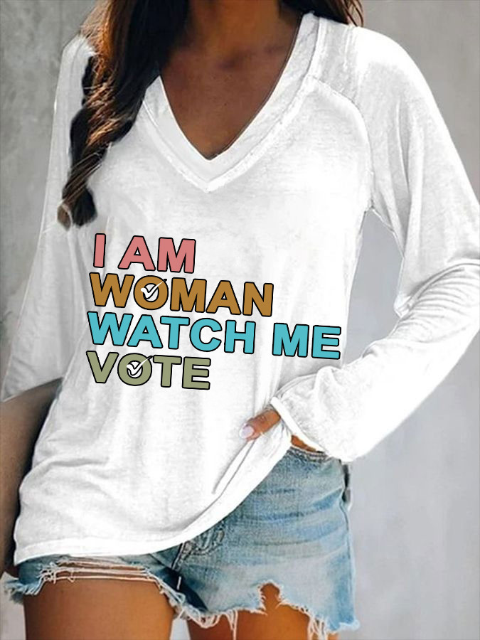 I Am Woman Watch Me Vote Long Sleeve V-Neck Shirt Voting Women's Rights Feminist Clothing I Am Woman Watch Me Vote Long Sleeve V-Neck Shirt Voting Women's Rights Feminist Clothing