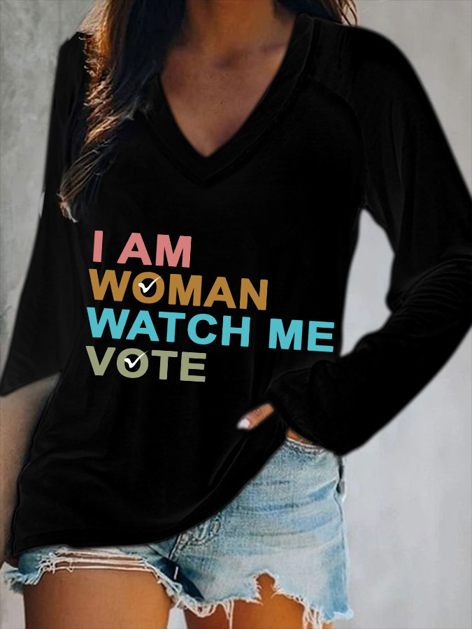 I Am Woman Watch Me Vote Long Sleeve V-Neck Shirt Voting Women's Rights Feminist Clothing I Am Woman Watch Me Vote Long Sleeve V-Neck Shirt Voting Women's Rights Feminist Clothing