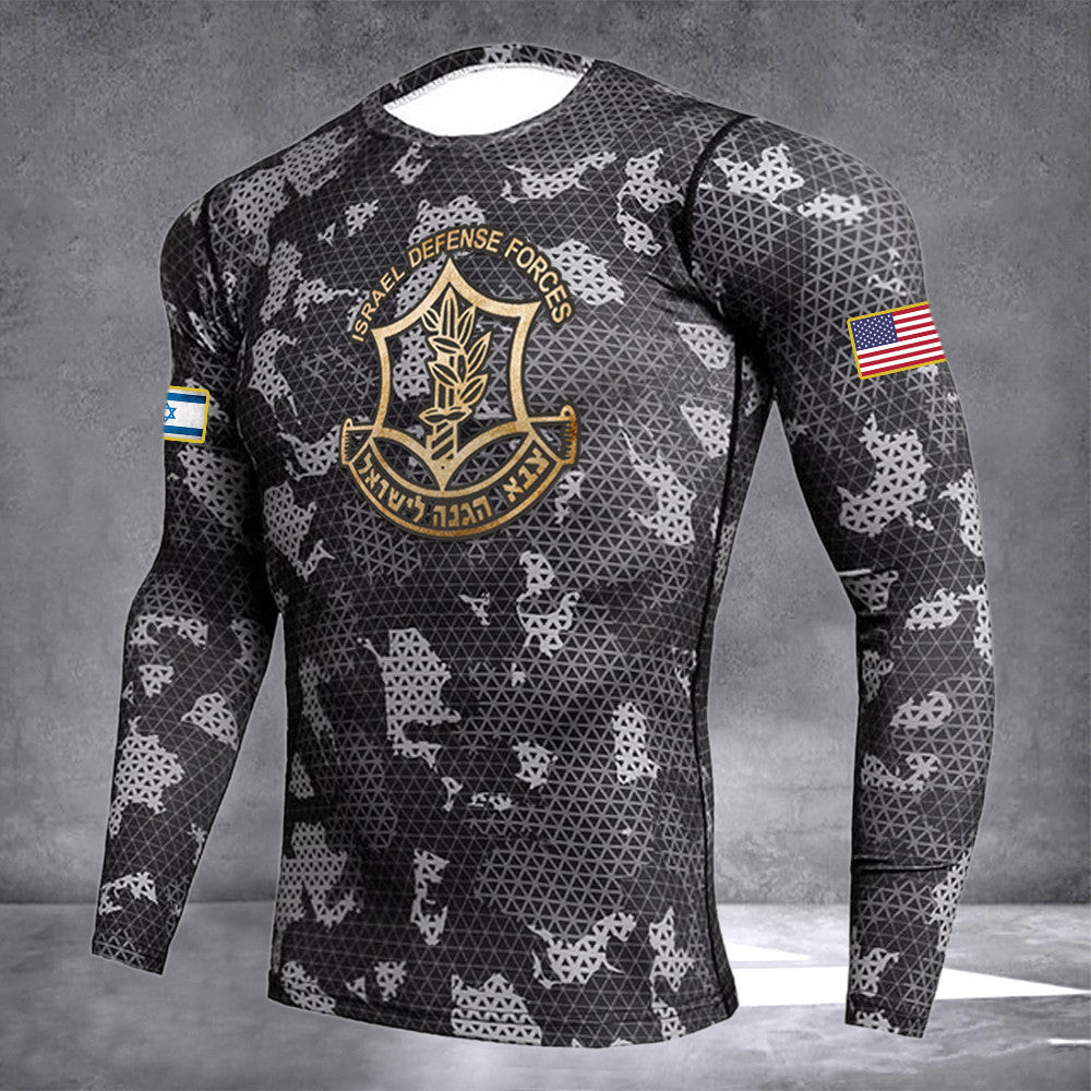 IDF Camo Rash Guard American I Stand With Israel Long Sleeve IDF Clothing Israeli Sportswear IDF Camo Rash Guard American I Stand With Israel Long Sleeve IDF Clothing Israeli Sportswear