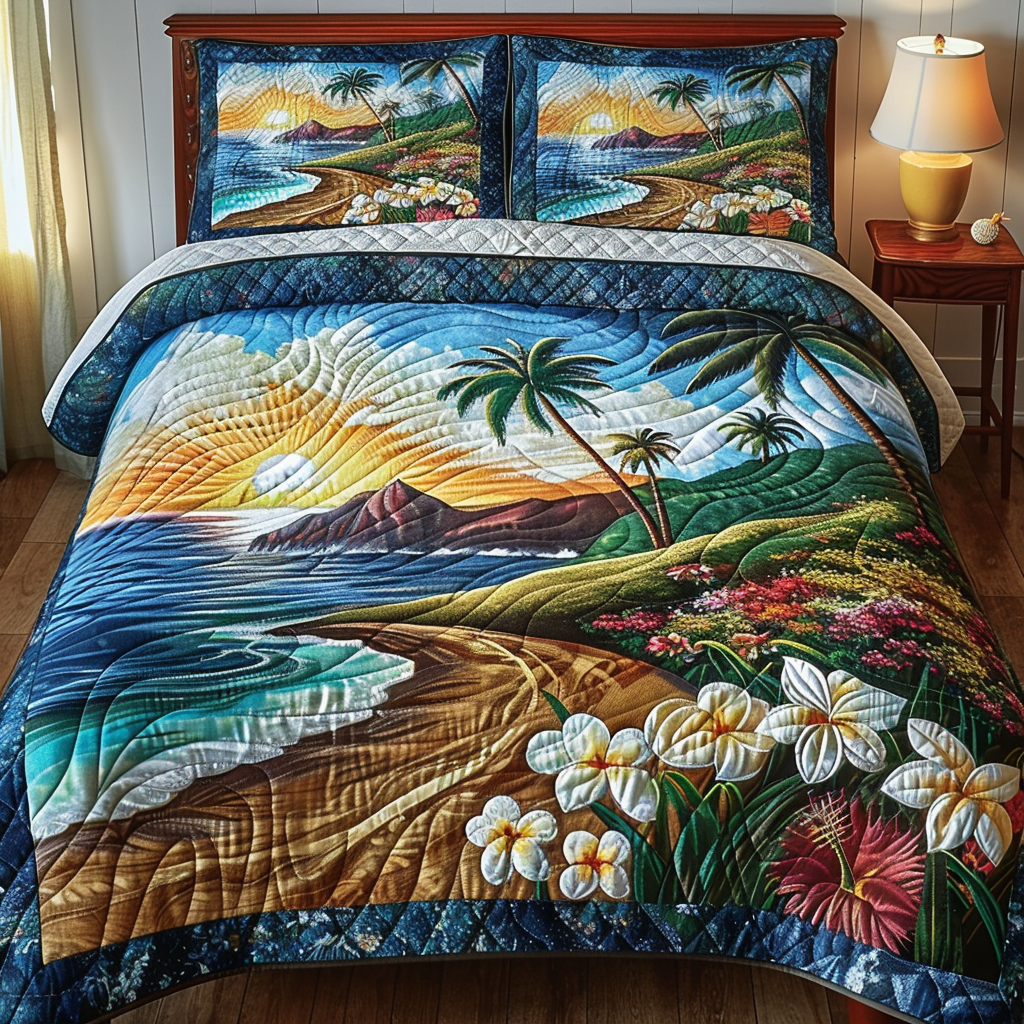 Island Breeze Quilted Bedding Set Duvet Cover Bedspread Flower Gifts For Her