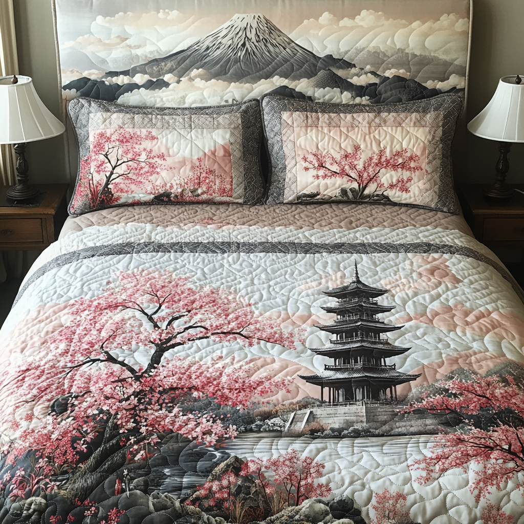 Japan Cherry Blossom Pagoda Quilted Bedding Set Duvet Cover Bed Sheet Set Father Daughter Presents Japan Cherry Blossom Pagoda Quilted Bedding Set Duvet Cover Bed Sheet Set Father Daughter Presents