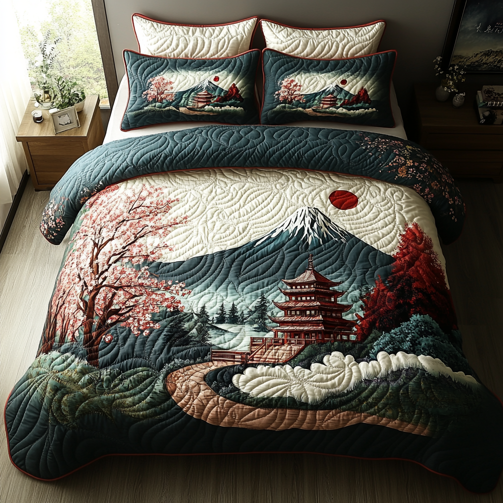 Japanese Ancient Pagoda Quilted Bedding Set Duvet Cover Bed Sheet Set Mummy Daughter Gifts Japanese Ancient Pagoda Quilted Bedding Set Duvet Cover Bed Sheet Set Mummy Daughter Gifts