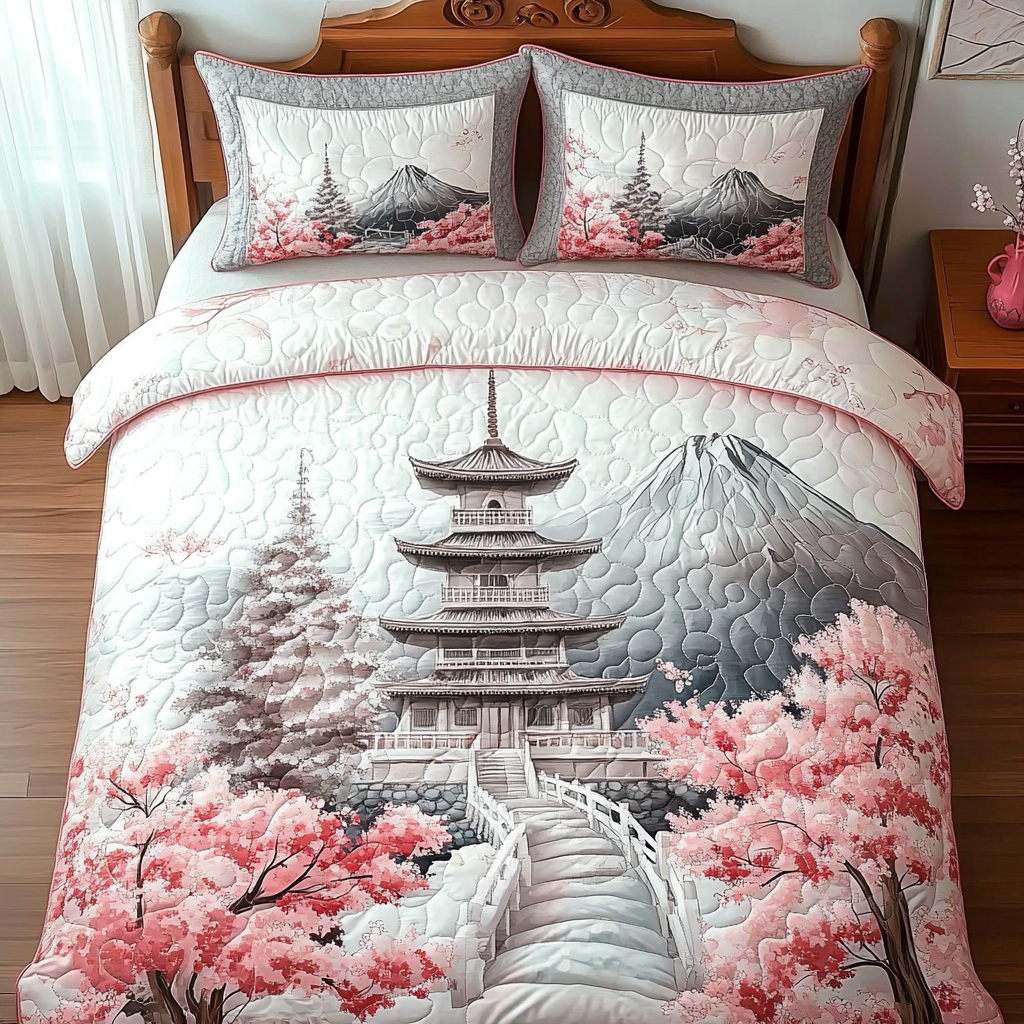 Japanese Blossom Pagoda Quilted Bedding Set Duvet Cover Bed Sheet Set Father Daughter Gifts For Dad Japanese Blossom Pagoda Quilted Bedding Set Duvet Cover Bed Sheet Set Father Daughter Gifts For Dad