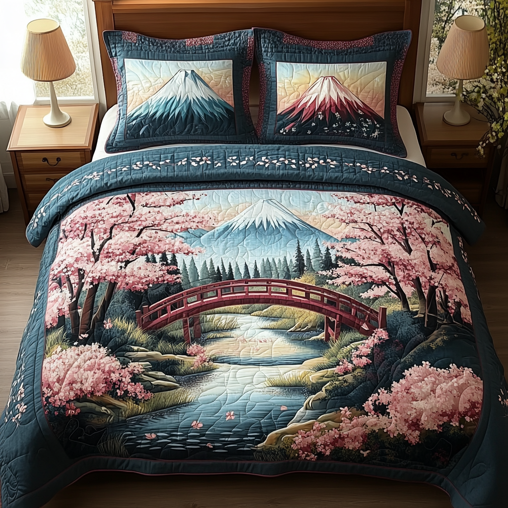 Japanese Garden Bridge Quilted Bedding Set Duvet Cover Bed Sheet Set Mother Daughter Presents