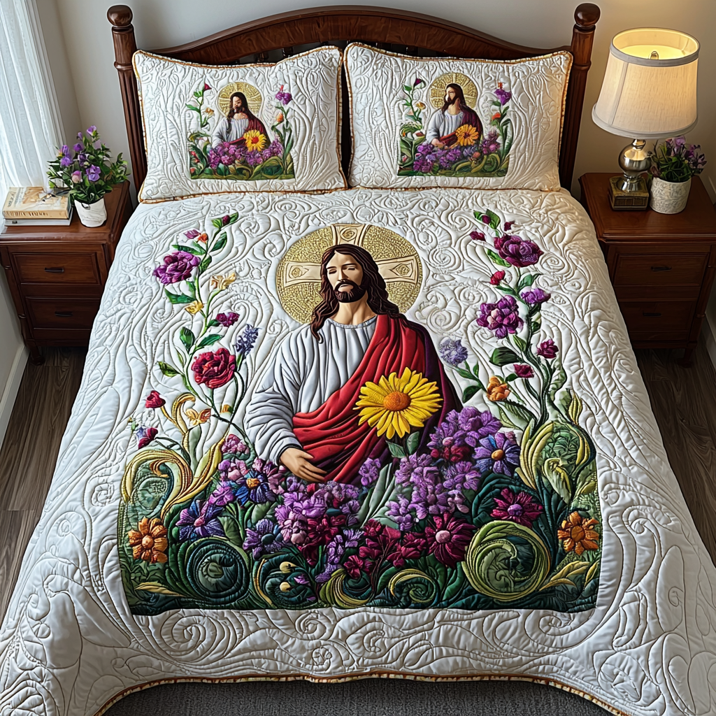 Jesus in the Garden Quilted Bedding Set Duvet Cover Merch Christmas Gifts For Christian Couples Jesus in the Garden Quilted Bedding Set Duvet Cover Merch Christmas Gifts For Christian Couples