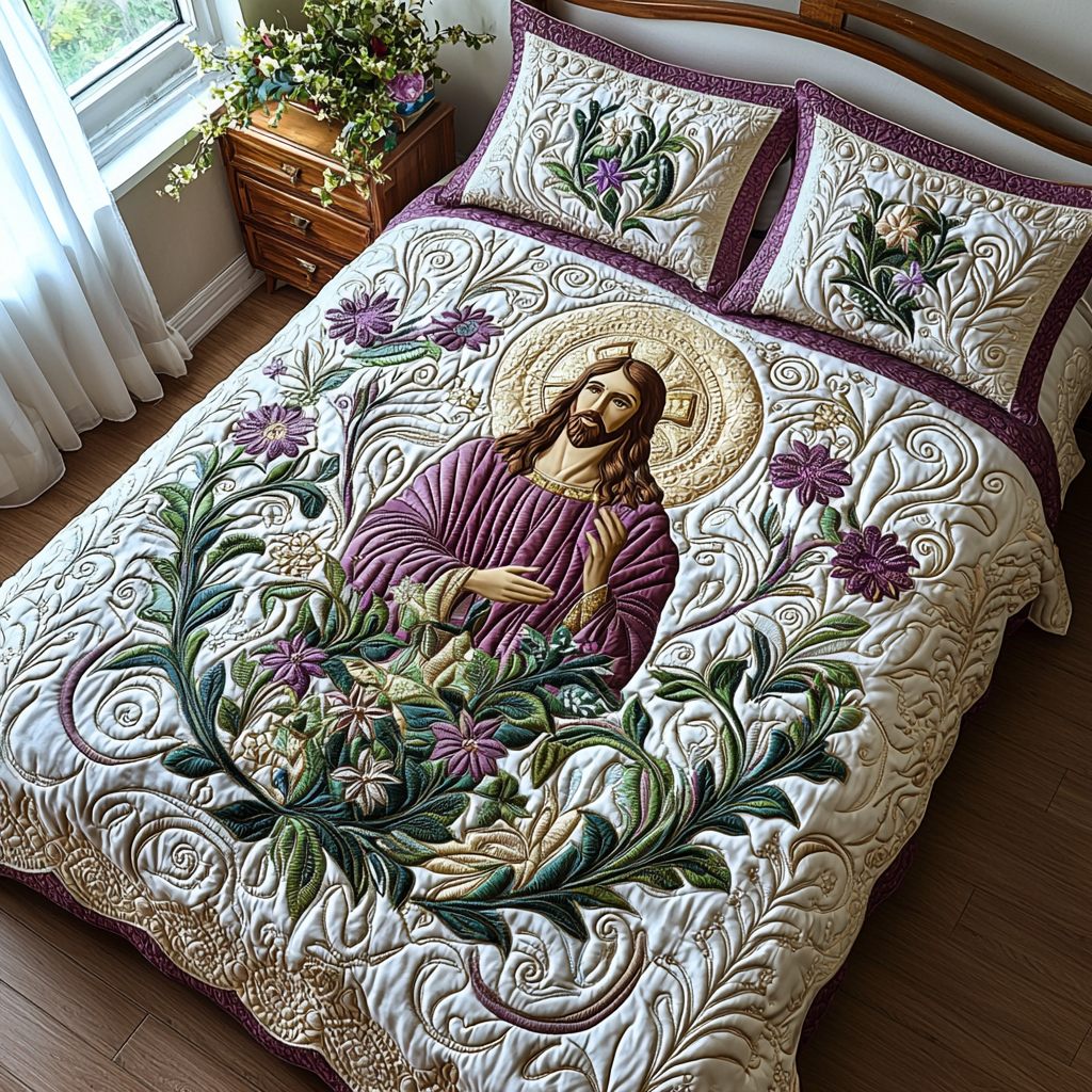 Jesus with Flowers Quilted Bedding Set Duvet Cover Merch Faith Based Gifts For Her Jesus with Flowers Quilted Bedding Set Duvet Cover Merch Faith Based Gifts For Her