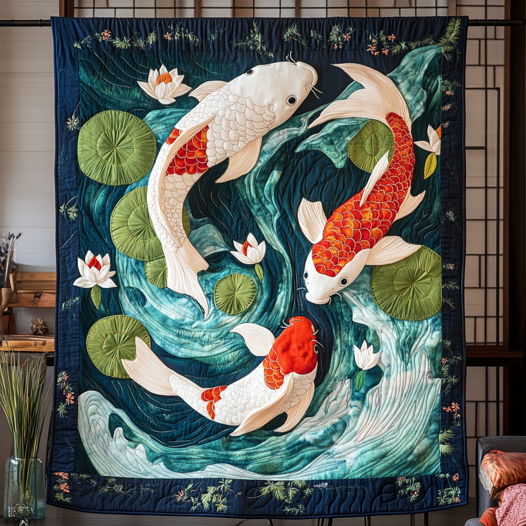 Koi Harmony Quilted Blanket Cute Colorful Blanket Gifts For Koi Lovers