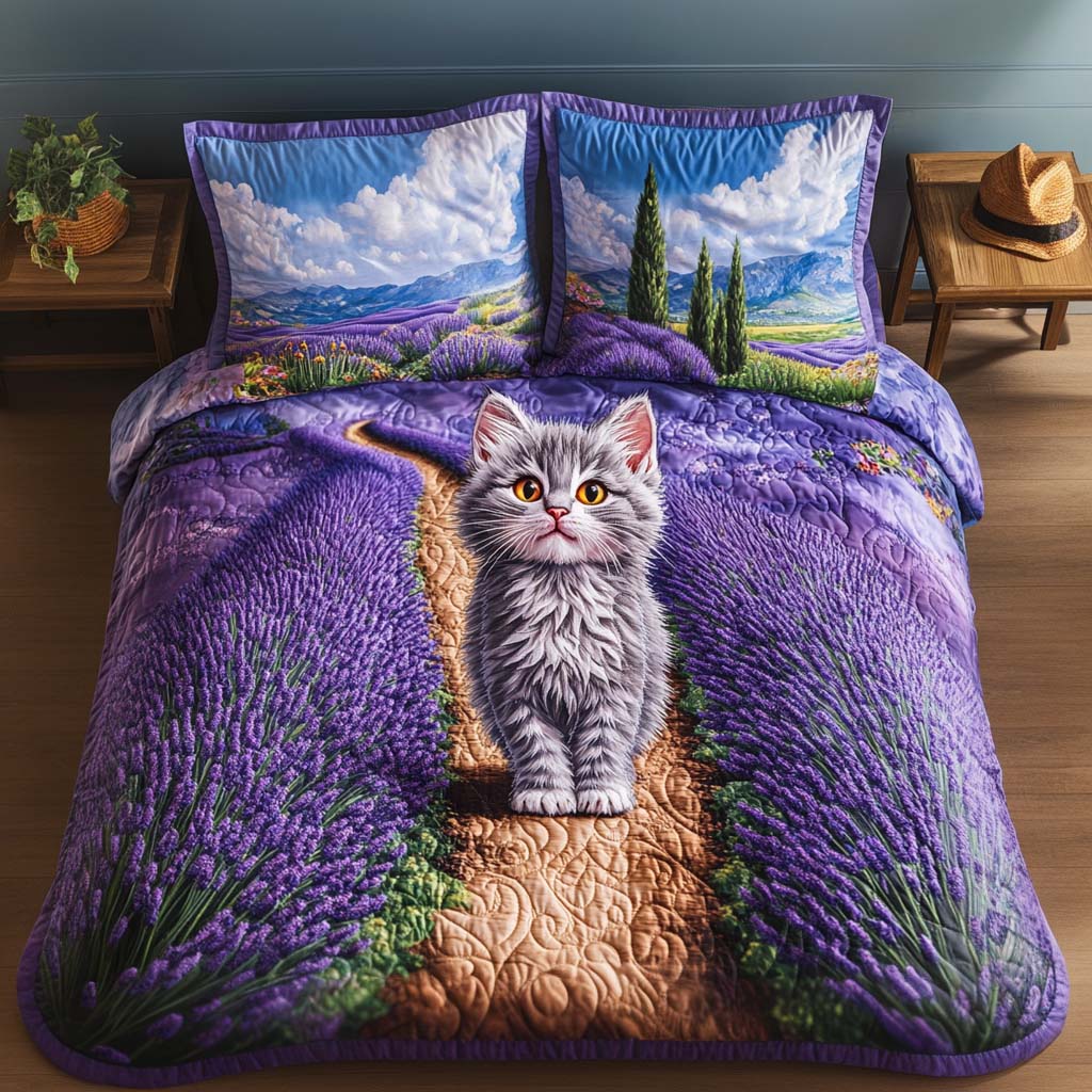 Lavender Trail Quilted Bedding Set Duvet Cover Bed Sheet Set Presents For Cat Lovers Women Lavender Trail Quilted Bedding Set Duvet Cover Bed Sheet Set Presents For Cat Lovers Women