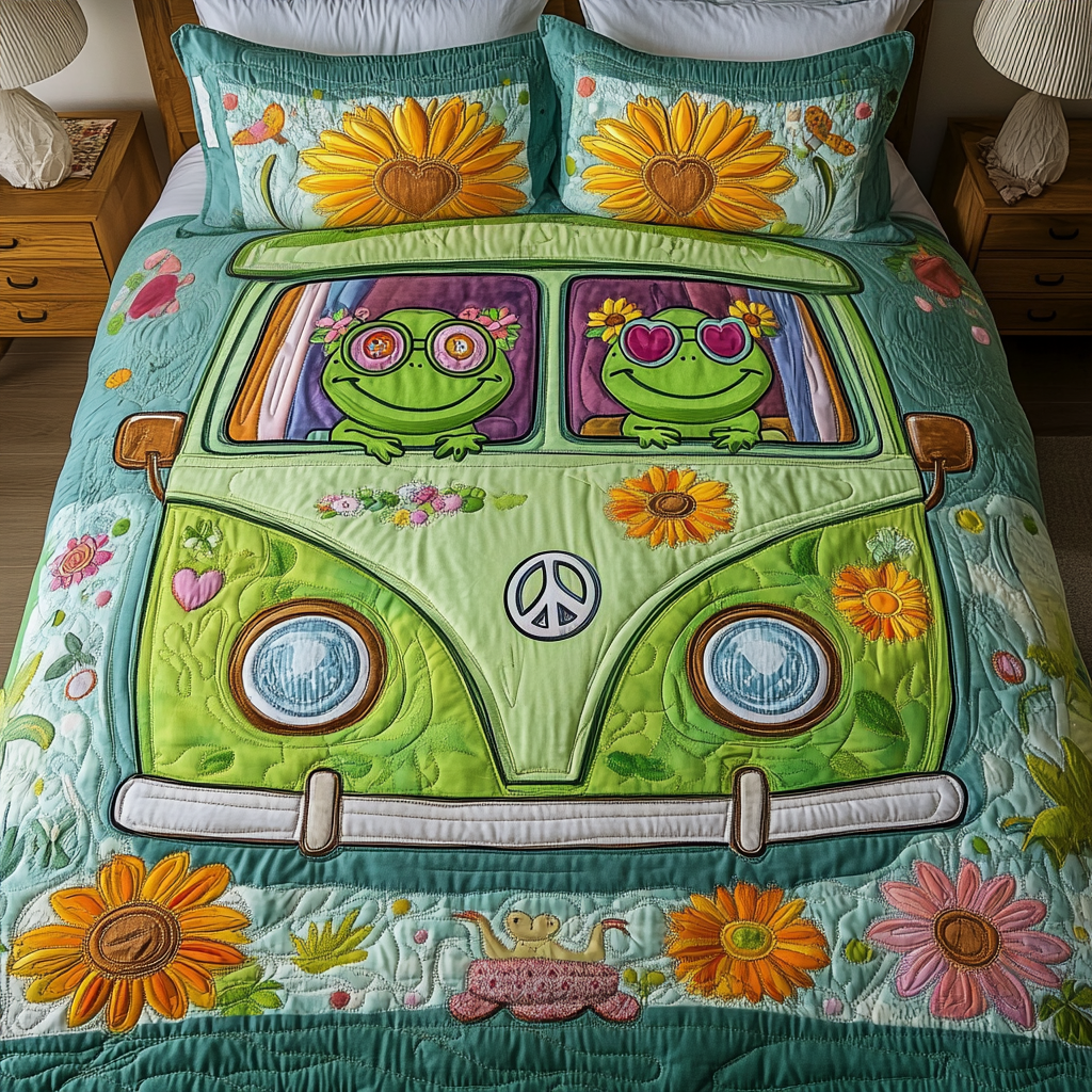 Lily Wheels Quilted Bedding Set Duvet Cover Bed Sheet Set Frog Best Gifts For Hippies
