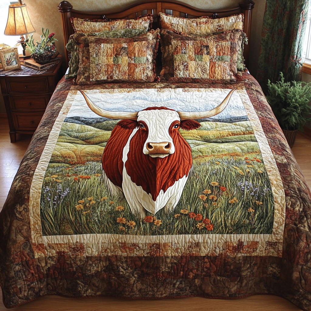 Lone Longhorn Cow Quilted Bedding Set Duvet Cover Bedspread Texan Gift Items Lone Longhorn Cow Quilted Bedding Set Duvet Cover Bedspread Texan Gift Items