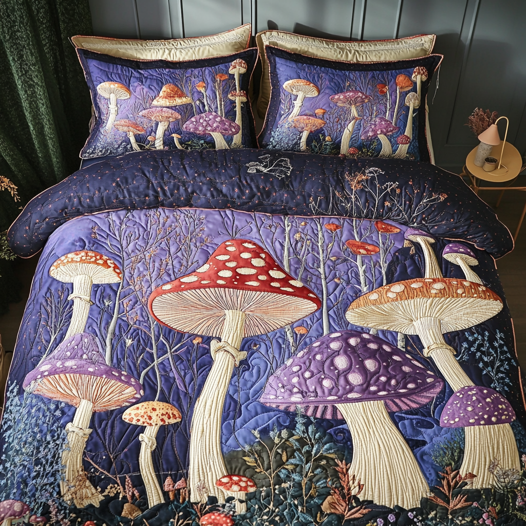 Magic Mushrooms Quilted Bedding Set Duvet Cover Bedspreads Christmas Gift For Inlaws