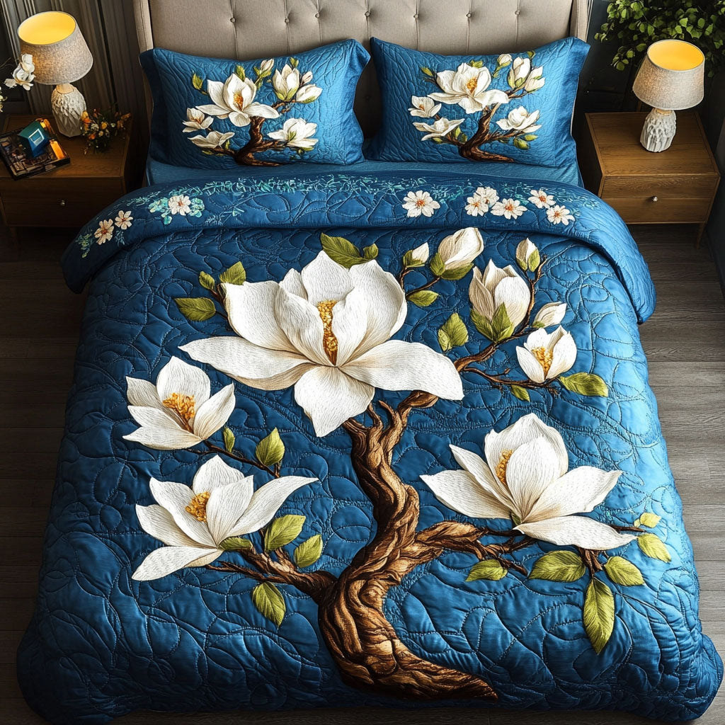 Magnolia Serenity Blue Quilted Bedding Set Duvet Cover Bed Sheet Set Flower Gifts For Women Magnolia Serenity Blue Quilted Bedding Set Duvet Cover Bed Sheet Set Flower Gifts For Women