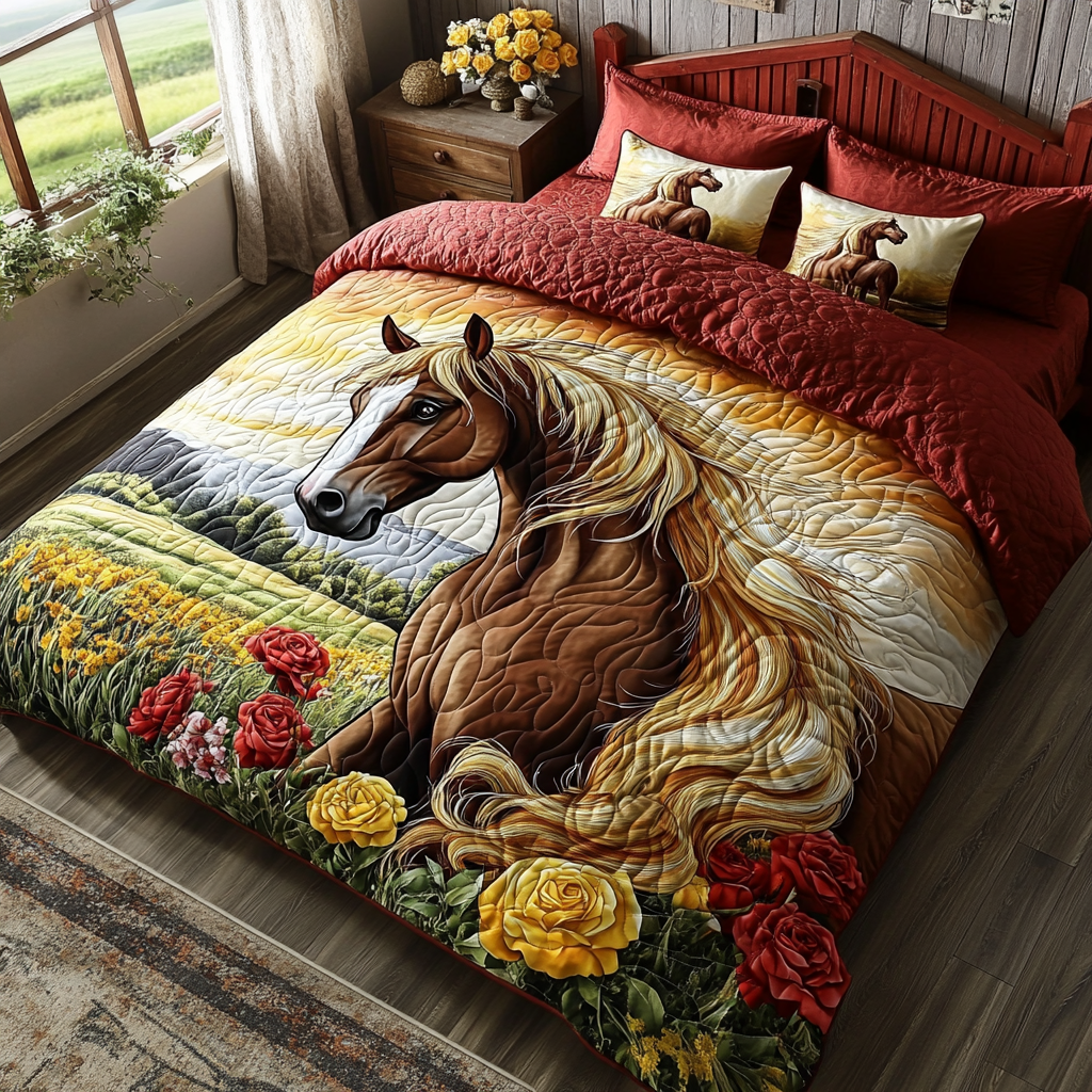Majestic Horse Quilted Bedding Set Duvet Cover Bedspread Gifts For Horsey Ladies