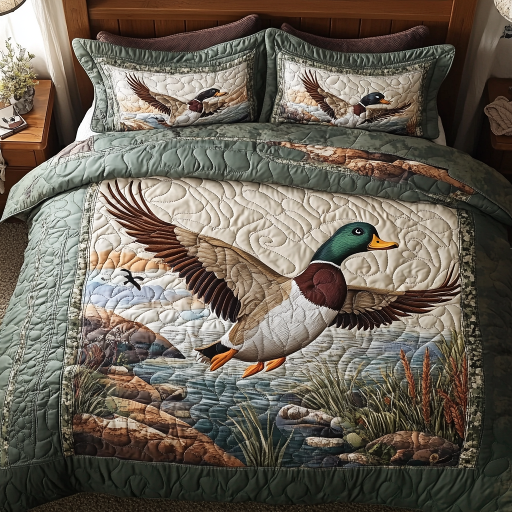 Mallard Ducks Adventure Quilted Bedding Set Duvet Cover Bedspreads Family Xmas Ideas