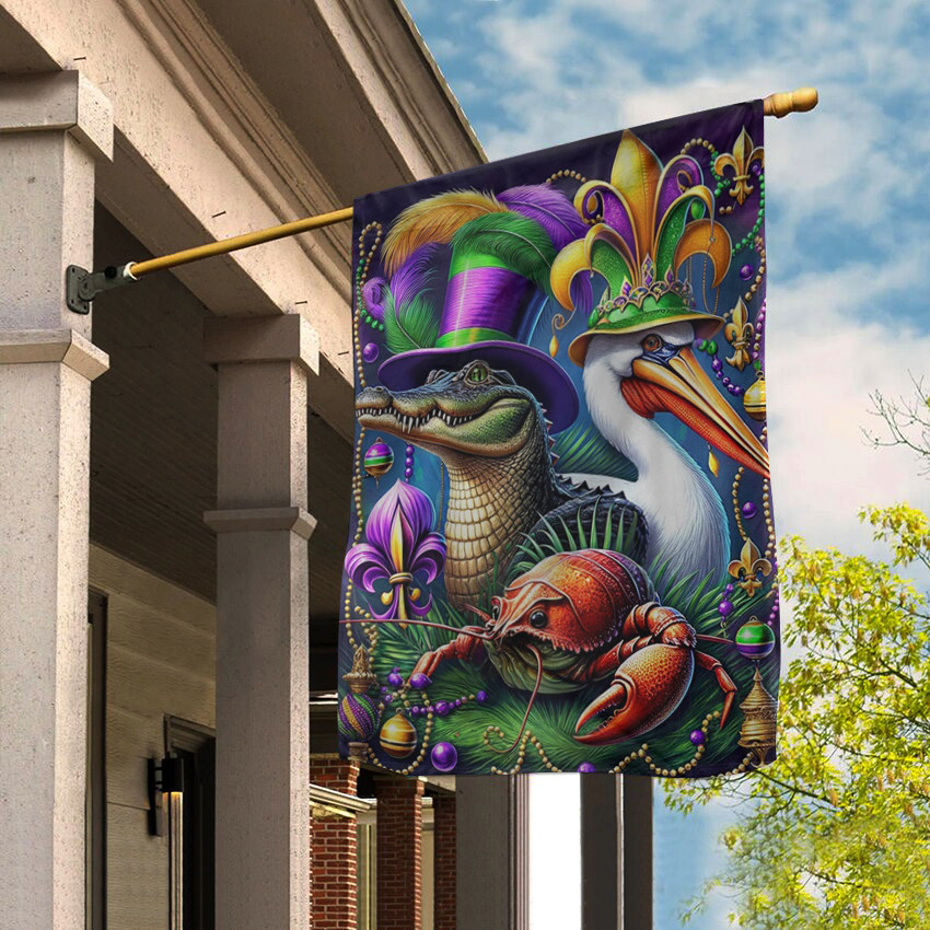 Mardi Gras Alligator Pelican And Crawfish Flag Mardi Gras Flag Holiday Decor Mardi Gras Alligator Pelican And Crawfish Flag Mardi Gras Flag Holiday Decor