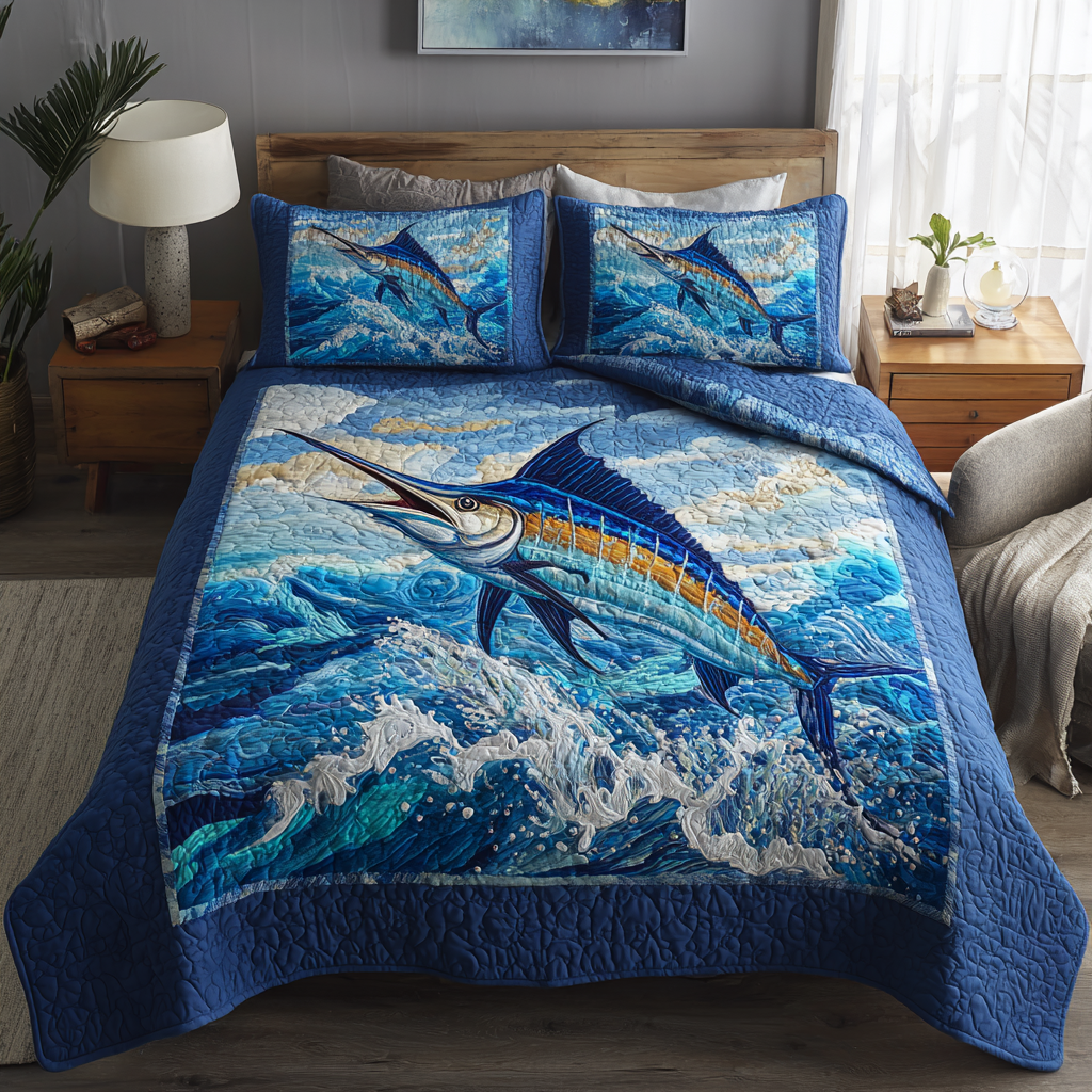 Marlin Adventure Quilted Bedding Set Duvet Cover Bed Sheet Set Gifts For People Who Love The Beach