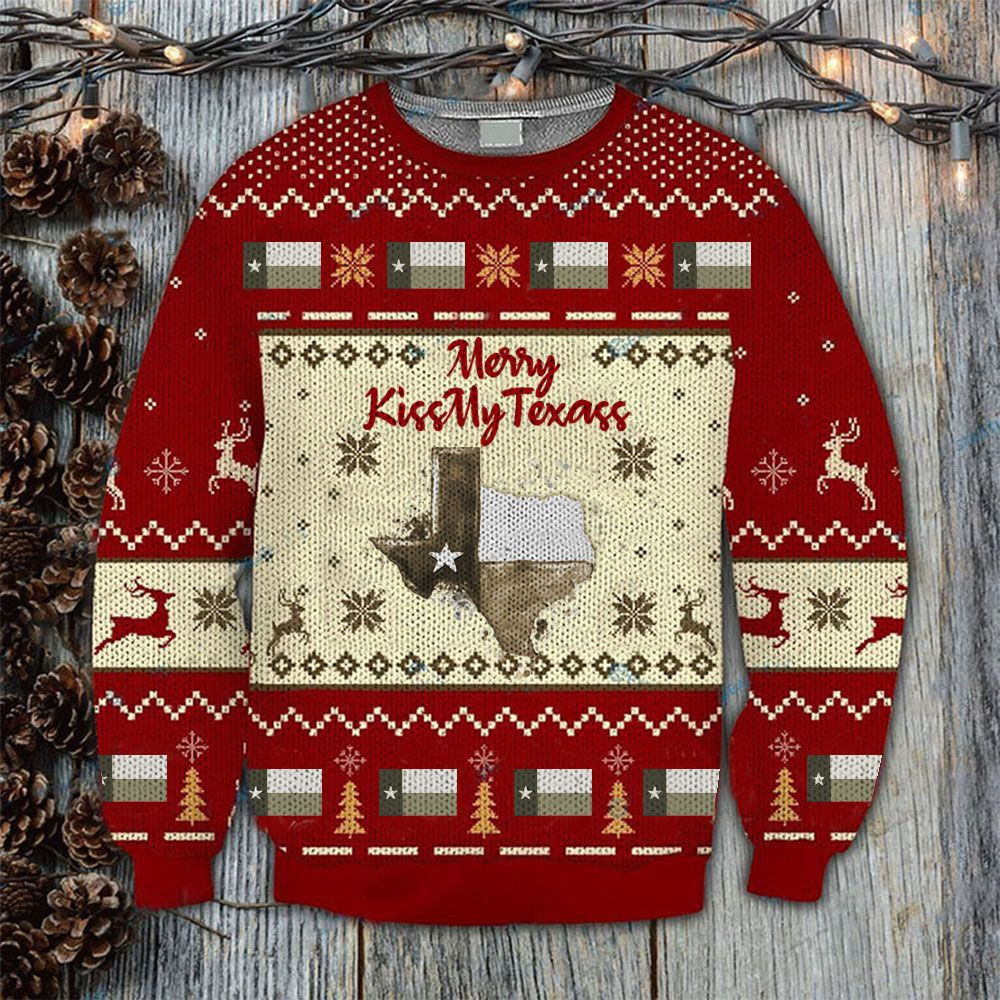 Merry Kiss My Texas Sweatshirt Texas Flag Proud Texan Ugly Sweater Christmas Apparel Merry Kiss My Texas Sweatshirt Texas Flag Proud Texan Ugly Sweater Christmas Apparel