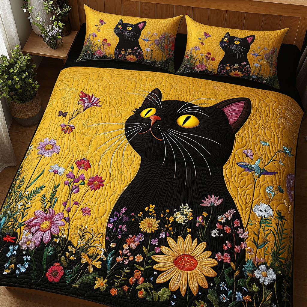 Midnight Bloom Quilted Bedding Set Duvet Cover Bedspread Xmas Gift For Cat