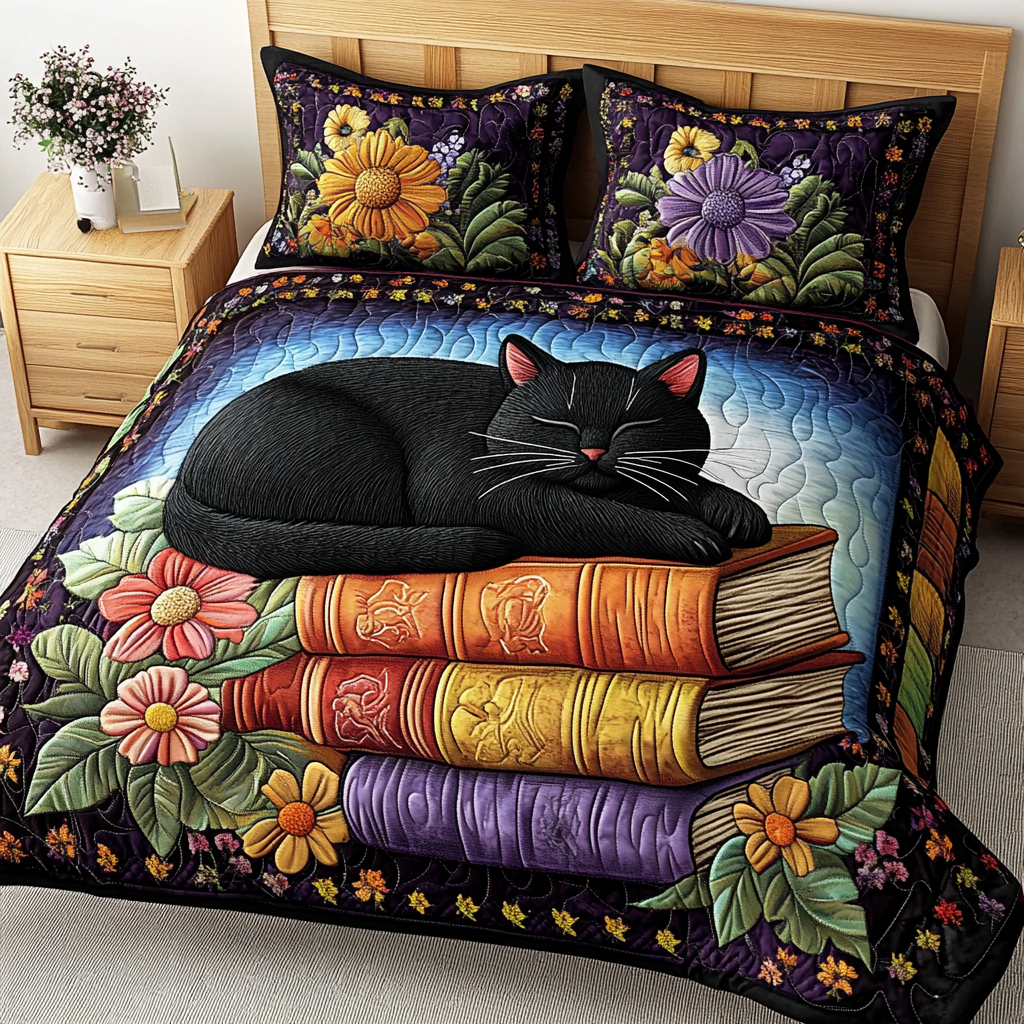 Midnight Paws Quilted Bedding Set Duvet Cover Bedspread Presents For Cat Owners