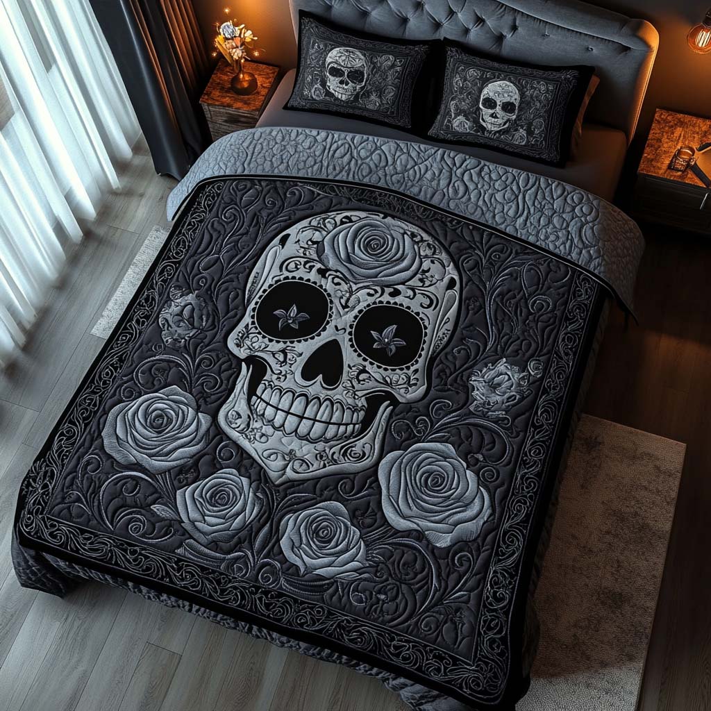Midnight Skull Bloom Quilted Bedding Set Duvet Cover Bed Sheet Set Sugar Skull Gifts For Women Midnight Skull Bloom Quilted Bedding Set Duvet Cover Bed Sheet Set Sugar Skull Gifts For Women