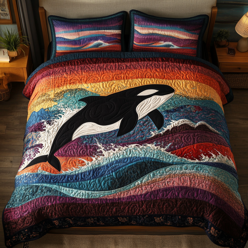 Mighty Fin Quilted Bedding Set Duvet Cover Bedspread Orca Whale Gift Ideas