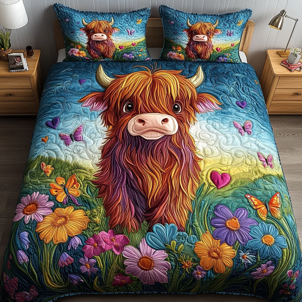 Moo Meadow Quilted Bedding Set Duvet Cover Bedspread Highland Cattle Merchandise Moo Meadow Quilted Bedding Set Duvet Cover Bedspread Highland Cattle Merchandise