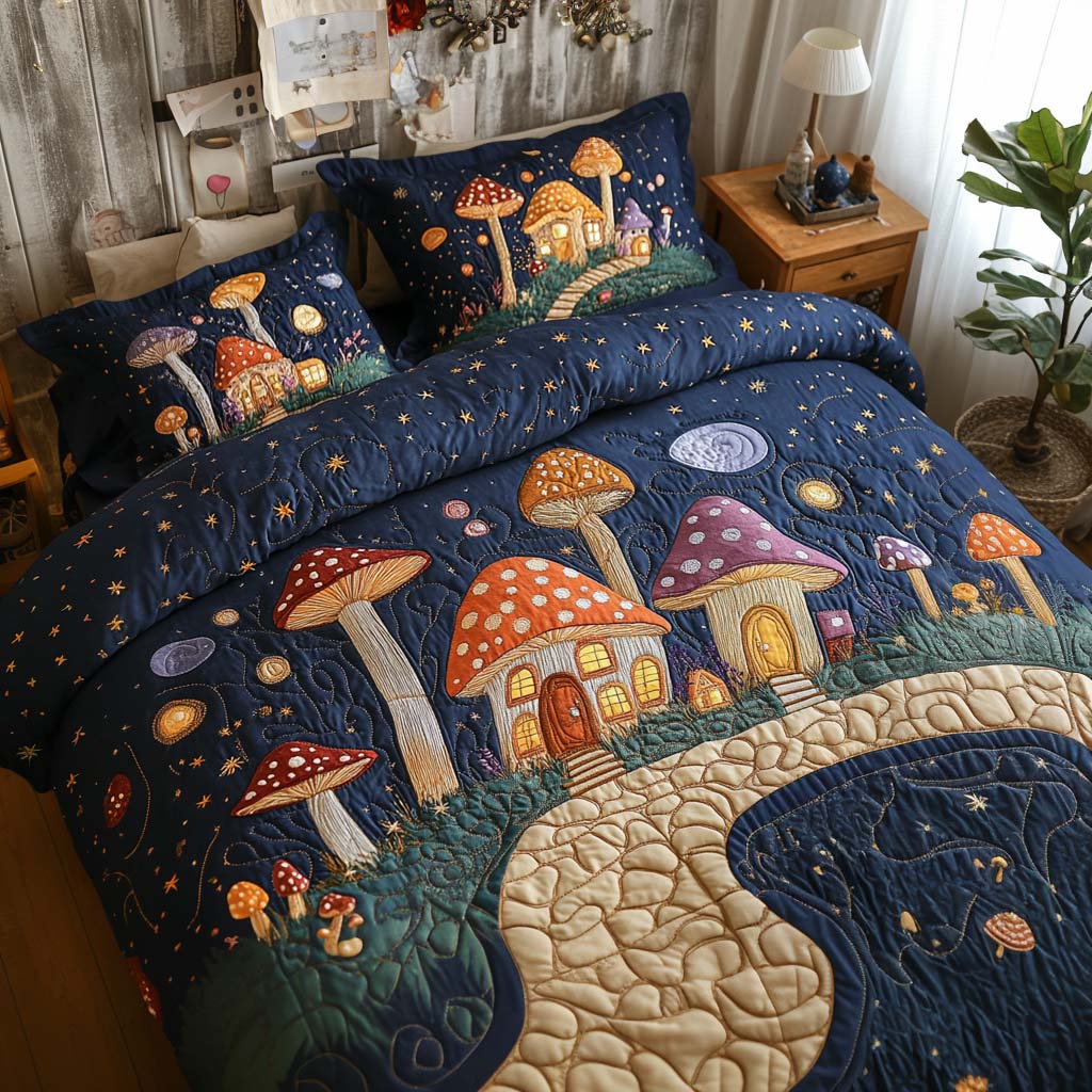 Moonlight Toadstool Town Quilted Bedding Set Duvet Cover Bed Sheet Set Gifts For Mushroom Hunters Moonlight Toadstool Town Quilted Bedding Set Duvet Cover Bed Sheet Set Gifts For Mushroom Hunters