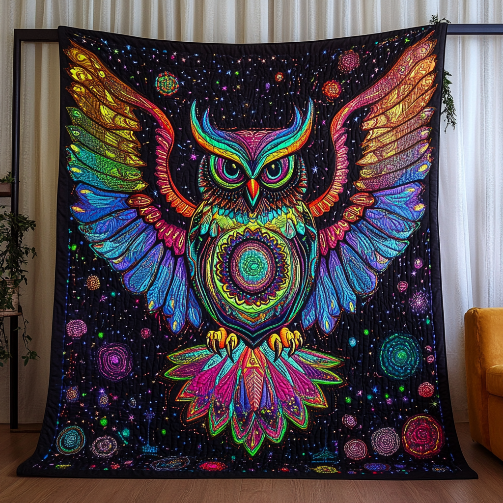 Moonlit Guardian Quilted Blanket Cute Colorful Blanket Gift For Owl Lover Moonlit Guardian Quilted Blanket Cute Colorful Blanket Gift For Owl Lover