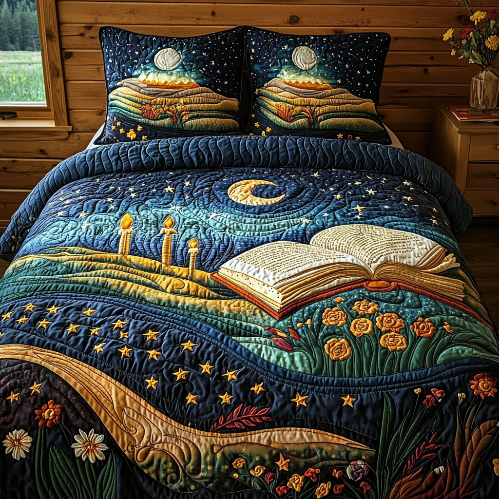 Moonlit Pages Quilted Bedding Set Duvet Cover Merch Gifts For Book Lovers Friends