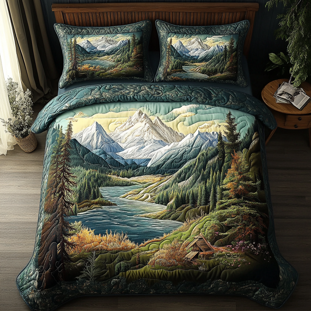 Mountain Bliss Quilted Bedding Set Duvet Cover Bed Sheet Set Forest Themed Gifts