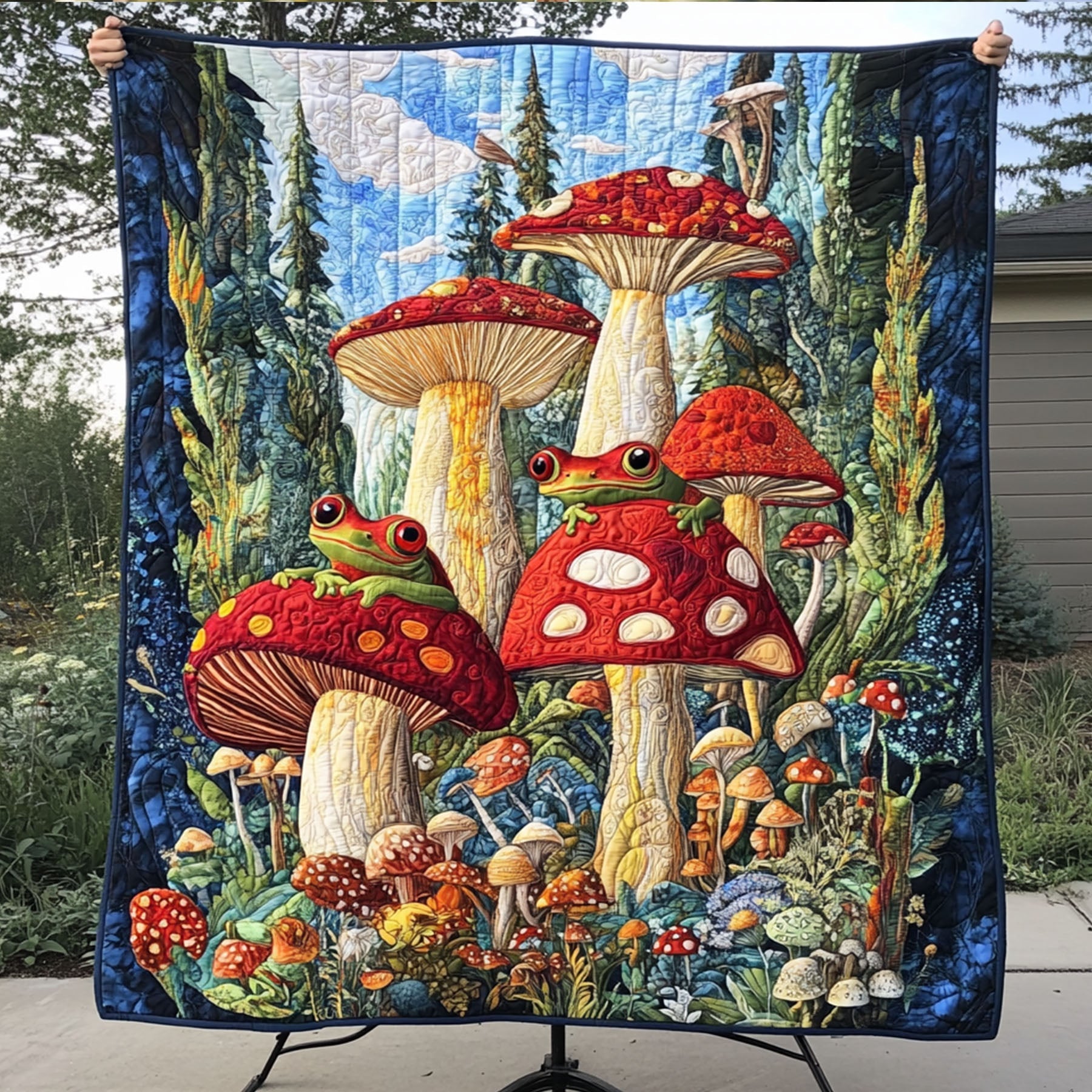 Mushroom Meadow Frogs Quilted Blanket Cute Colorful Blanket Gifts For People Who Like Frogs Mushroom Meadow Frogs Quilted Blanket Cute Colorful Blanket Gifts For People Who Like Frogs