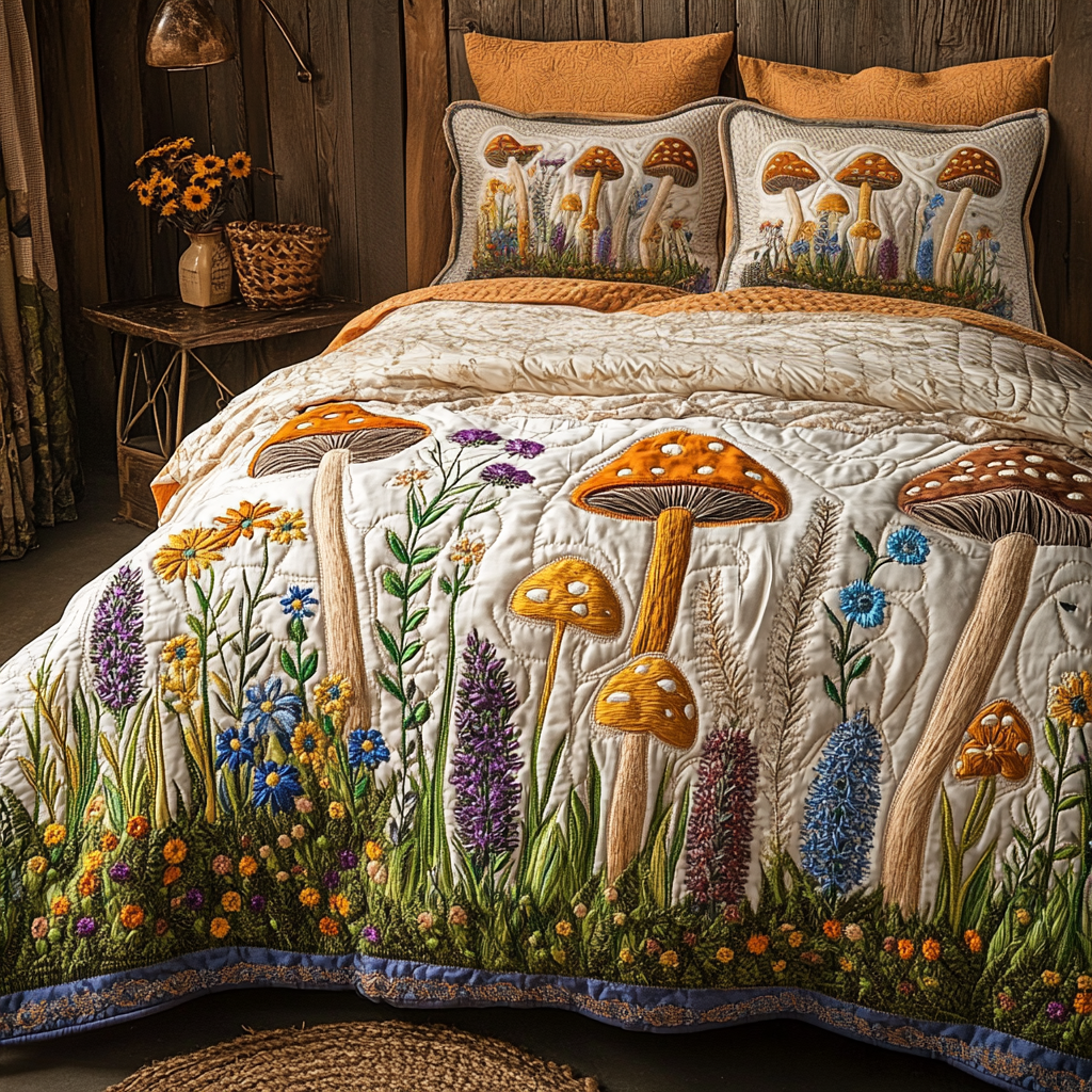 Mushroom Meadow Quilted Bedding Set Duvet Cover Bed Sheet Set Birthday Presents For Hippies