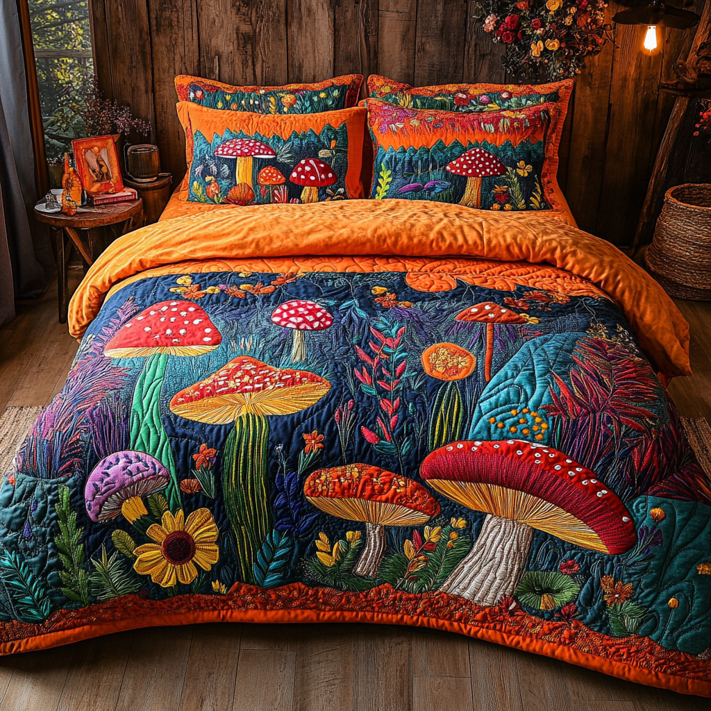 Mushroom Meadow Quilted Bedding Set Duvet Cover Bedspreads Gifts For Hippy Chicks