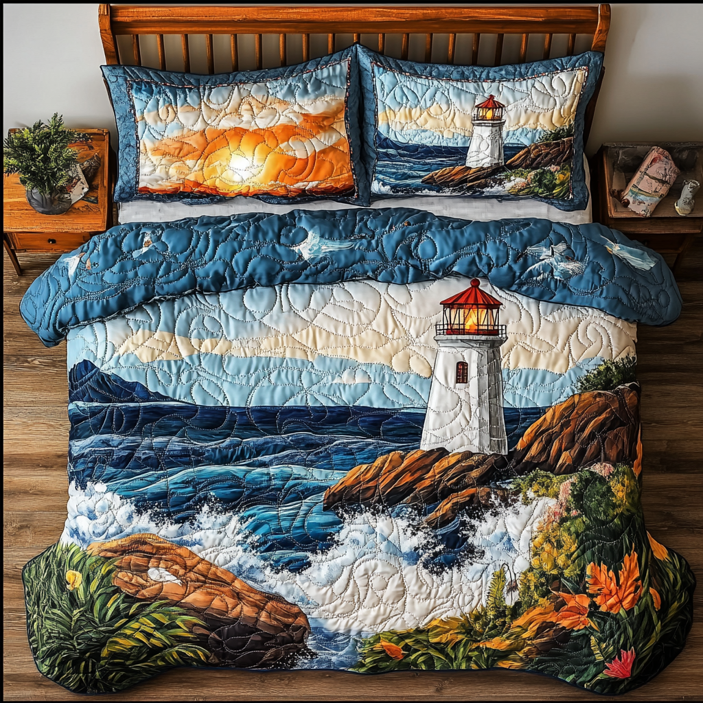 Nautical Glow Quilted Bedding Set Duvet Cover Bed Sheet Set Unique Lighthouse Gifts