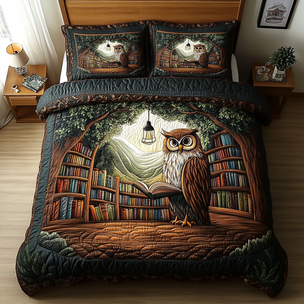 Nocturnal Glance Quilted Bedding Set Duvet Cover Bed Sheet Set Owl Theme Gifts