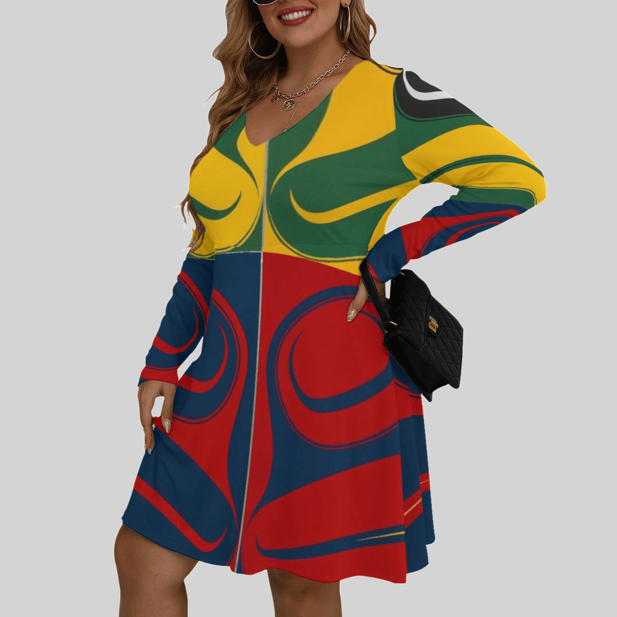 Northwest Coast Native American Style Women's V-neck Long Sleeve Dress Women Stylish Clothing 2 Northwest Coast Native American Style Women's V-neck Long Sleeve Dress Women Stylish Clothing 2