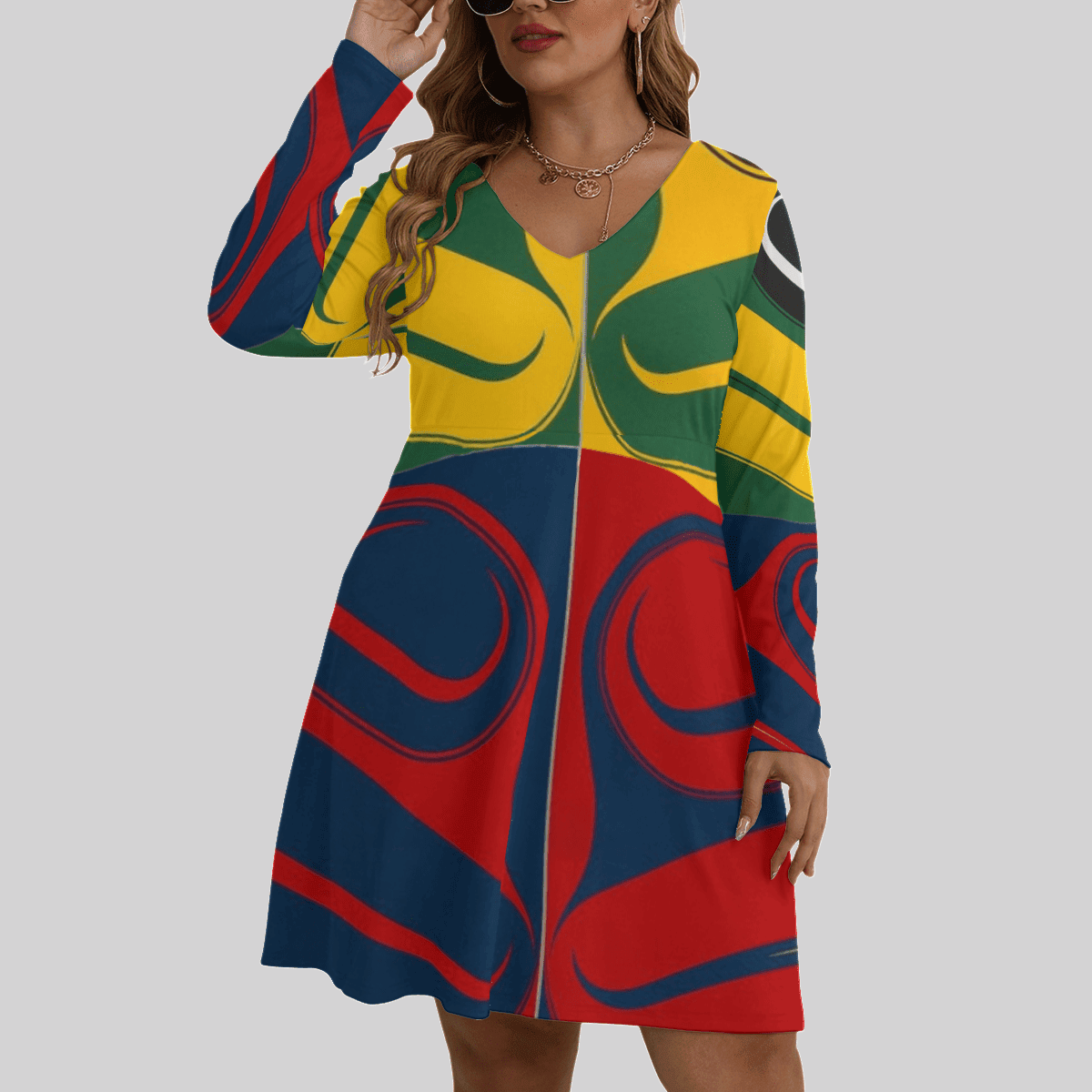 Northwest Coast Native American Style Women's V-neck Long Sleeve Dress Women Stylish Clothing 2 Northwest Coast Native American Style Women's V-neck Long Sleeve Dress Women Stylish Clothing 2