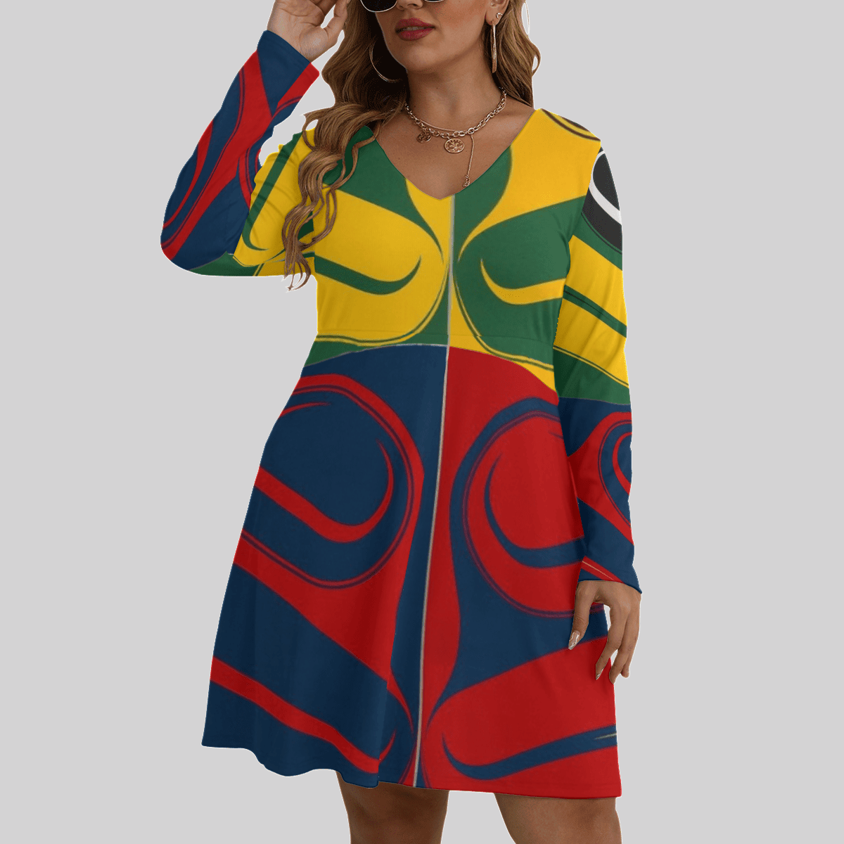 Northwest Coast Native American Style Women's V-neck Long Sleeve Dress Women Stylish Clothing Northwest Coast Native American Style Women's V-neck Long Sleeve Dress Women Stylish Clothing
