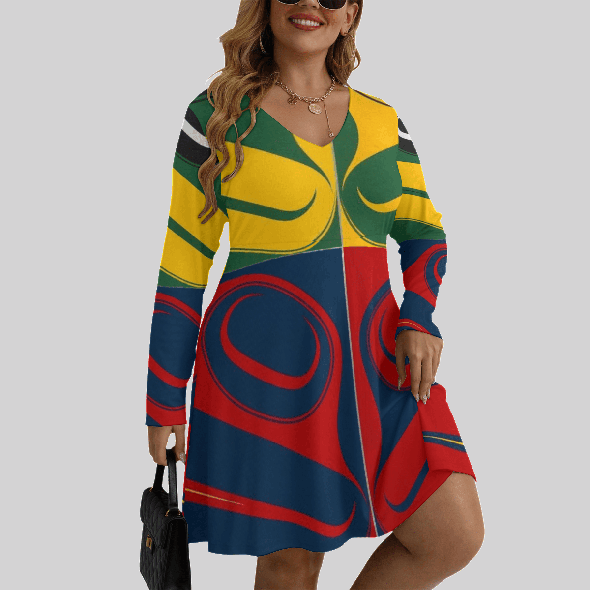 Northwest Coast Native American Style Women's V-neck Long Sleeve Dress Women Stylish Clothing Northwest Coast Native American Style Women's V-neck Long Sleeve Dress Women Stylish Clothing