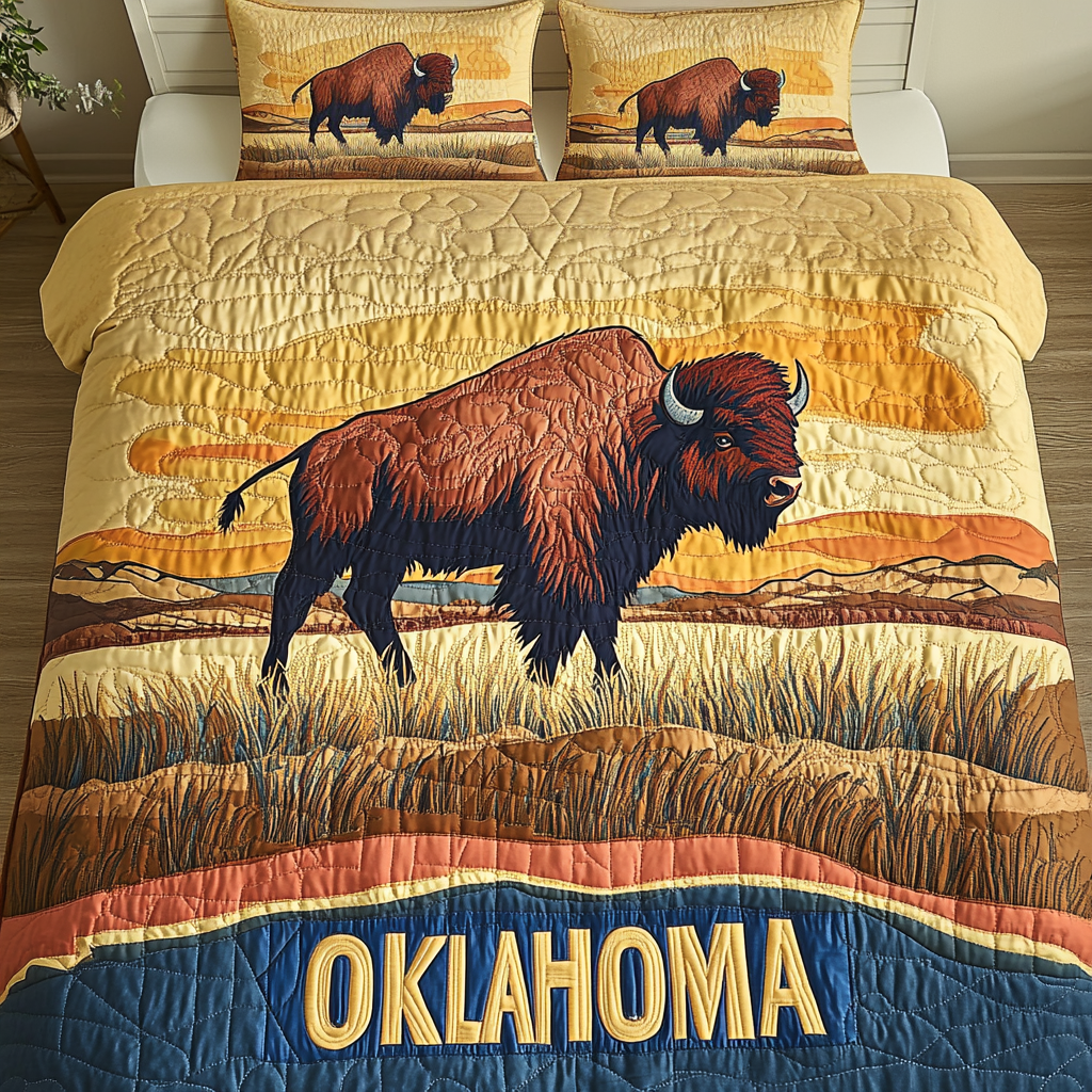 Oklahoma Spirit Quilted Bedding Set Duvet Cover Bedspread Awesome Gifts For Bison Lovers