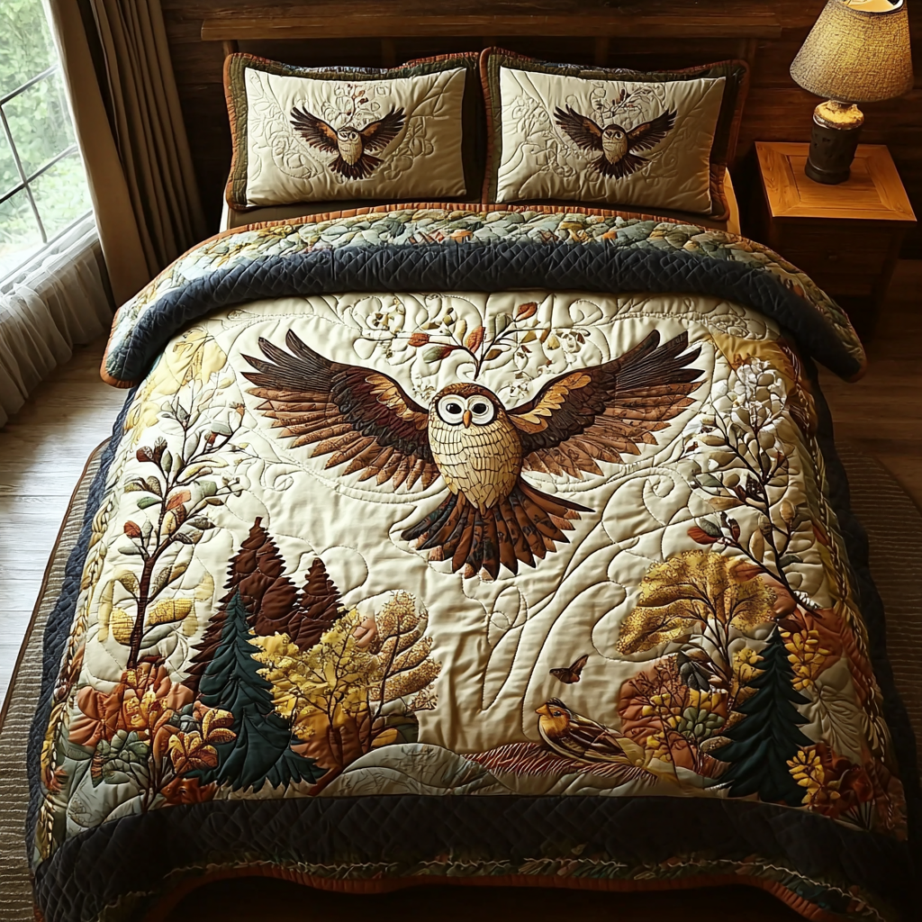 Owl Autumn Charm Quilted Bedding Set Duvet Cover Merch Best Owl Gift Ideas