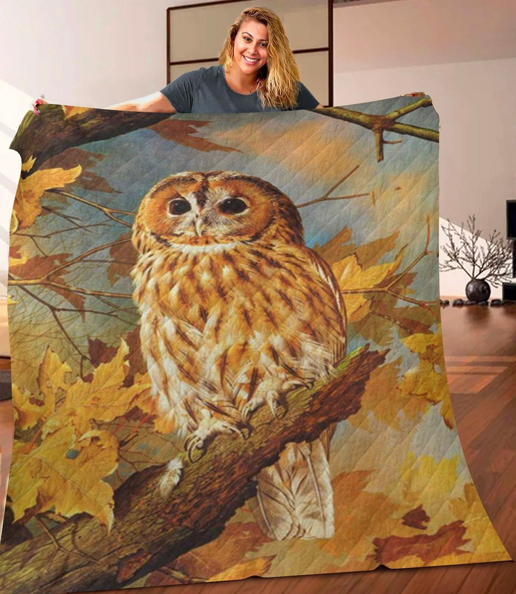 Owl Autumn Fall Leaves Quilt Fleece Blanket Merchandise Best Gifts For Owl Lovers Owl Autumn Fall Leaves Quilt Fleece Blanket Merchandise Best Gifts For Owl Lovers