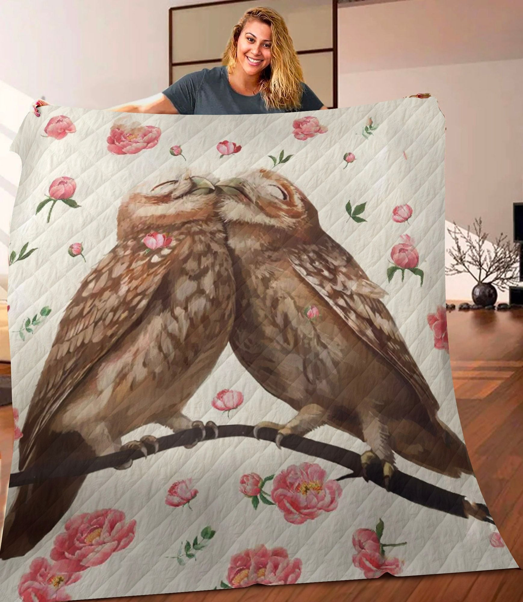 Owl Couple Flower Quilt Fleece Blanket Cute Owl Themed Gifts For Her Owl Couple Flower Quilt Fleece Blanket Cute Owl Themed Gifts For Her