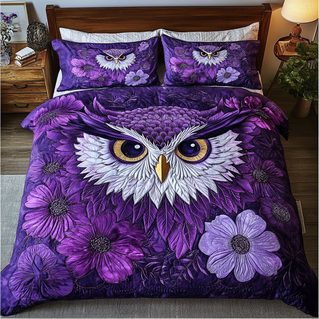 Owl Design Quilted Bedding Set Duvet Cover Merch Owl Lovers