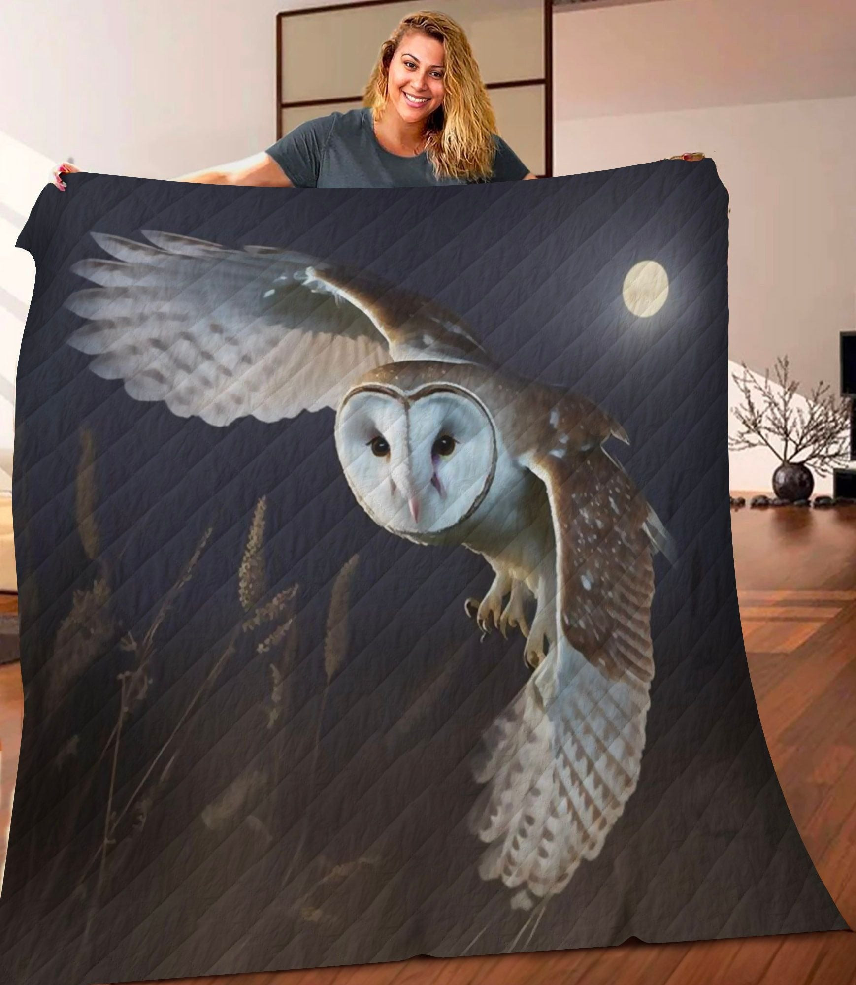 Owl Flying Under The Full Moon Quilt Fleece Blanket Best Gifts For Owl Lovers Owl Flying Under The Full Moon Quilt Fleece Blanket Best Gifts For Owl Lovers