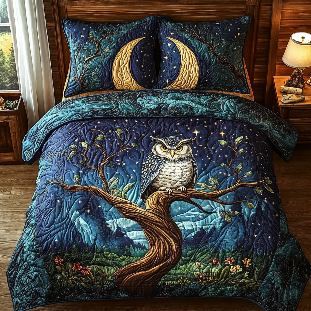 Owl Forest Quilted Bedding Set Duvet Cover Merch Owl Themed Gifts Owl Forest Quilted Bedding Set Duvet Cover Merch Owl Themed Gifts