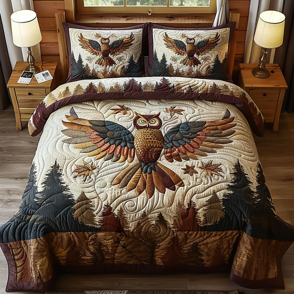Owl Forest Quilted Bedding Set Duvet Cover Merch Unique Owl Gift Items Owl Forest Quilted Bedding Set Duvet Cover Merch Unique Owl Gift Items