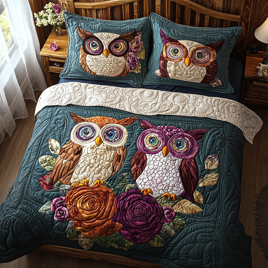 Owl Rose Garden Quilted Bedding Set Duvet Cover Merch Owl Mother's Day Gifts Owl Rose Garden Quilted Bedding Set Duvet Cover Merch Owl Mother's Day Gifts