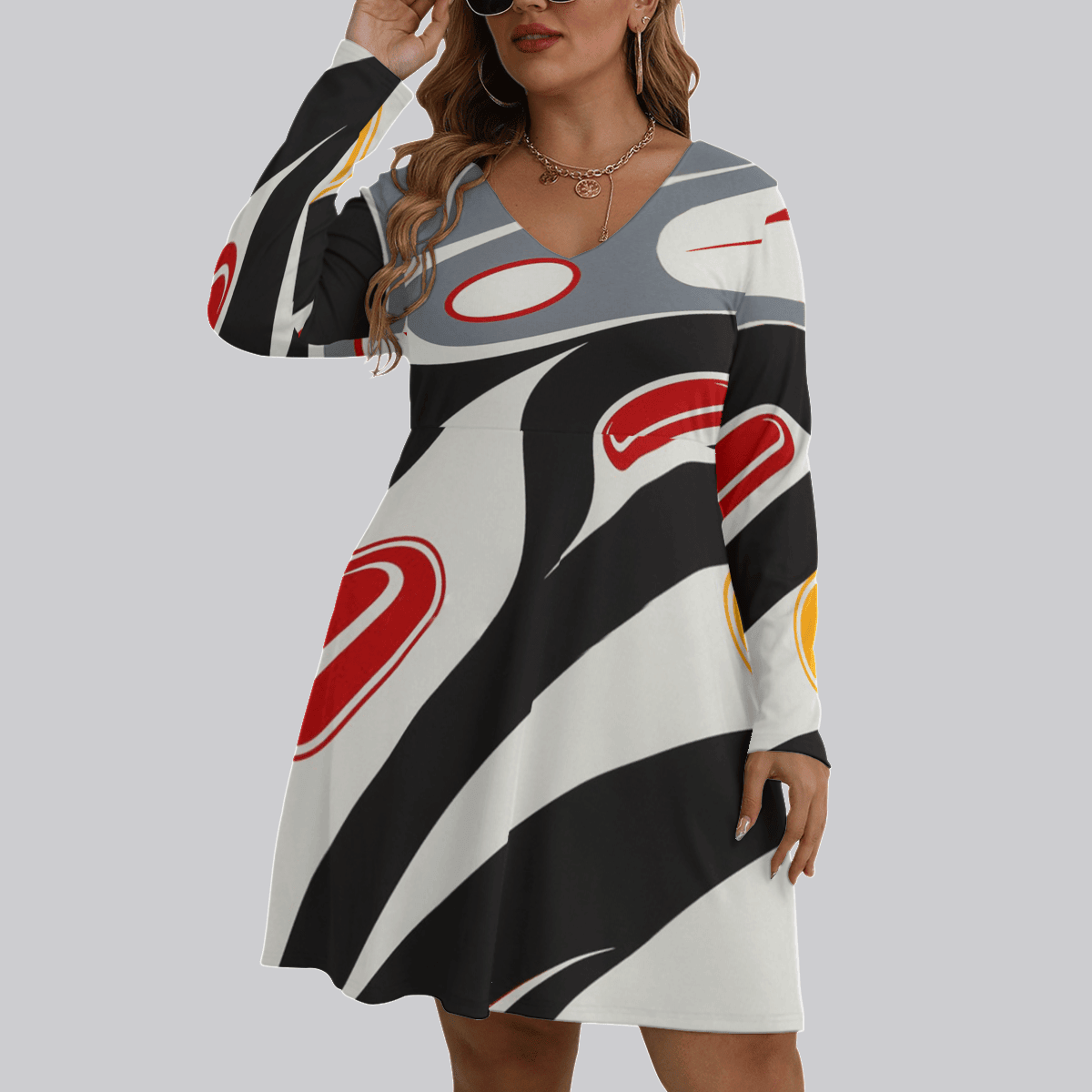 Pacific Northwest Native American Style Women's V-neck Long Sleeve Dress Ladies Apparel